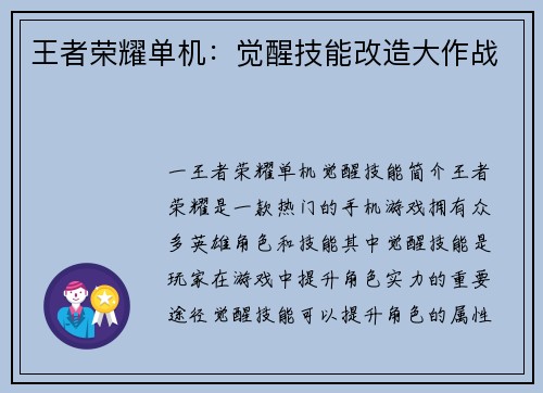 王者荣耀单机：觉醒技能改造大作战